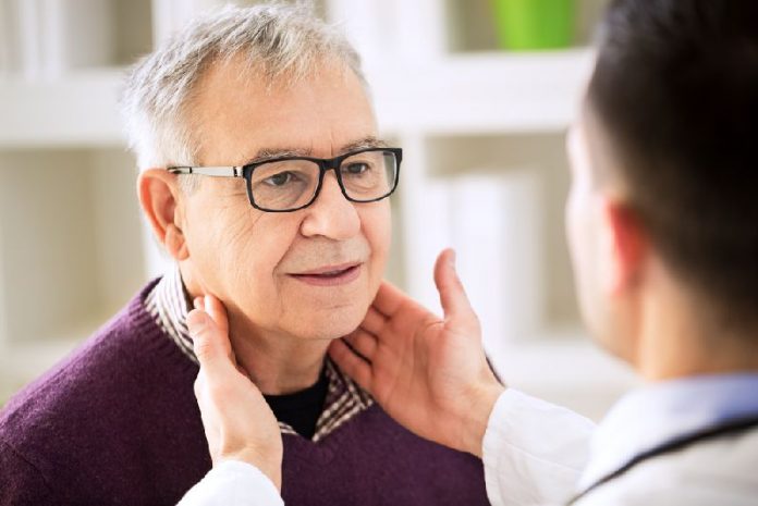 Doctor,Examining,Old,Patient,Lymph,Glands,,Throat,Inflammation